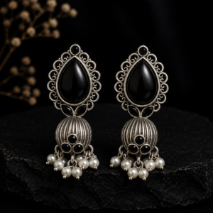 Kalyani Black Teardrop Stone Ribbed Dome Jhumka Earrings