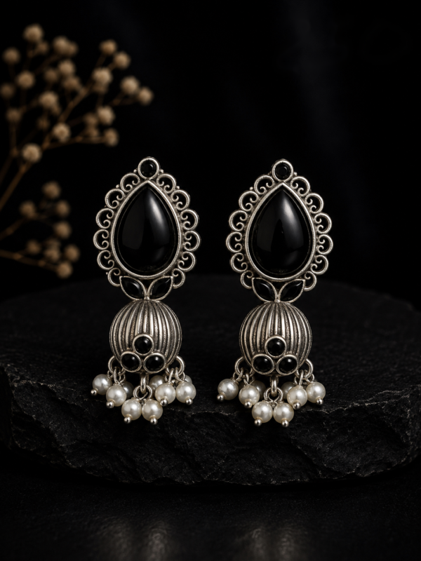Kalyani Black Teardrop Stone Ribbed Dome Jhumka Earrings