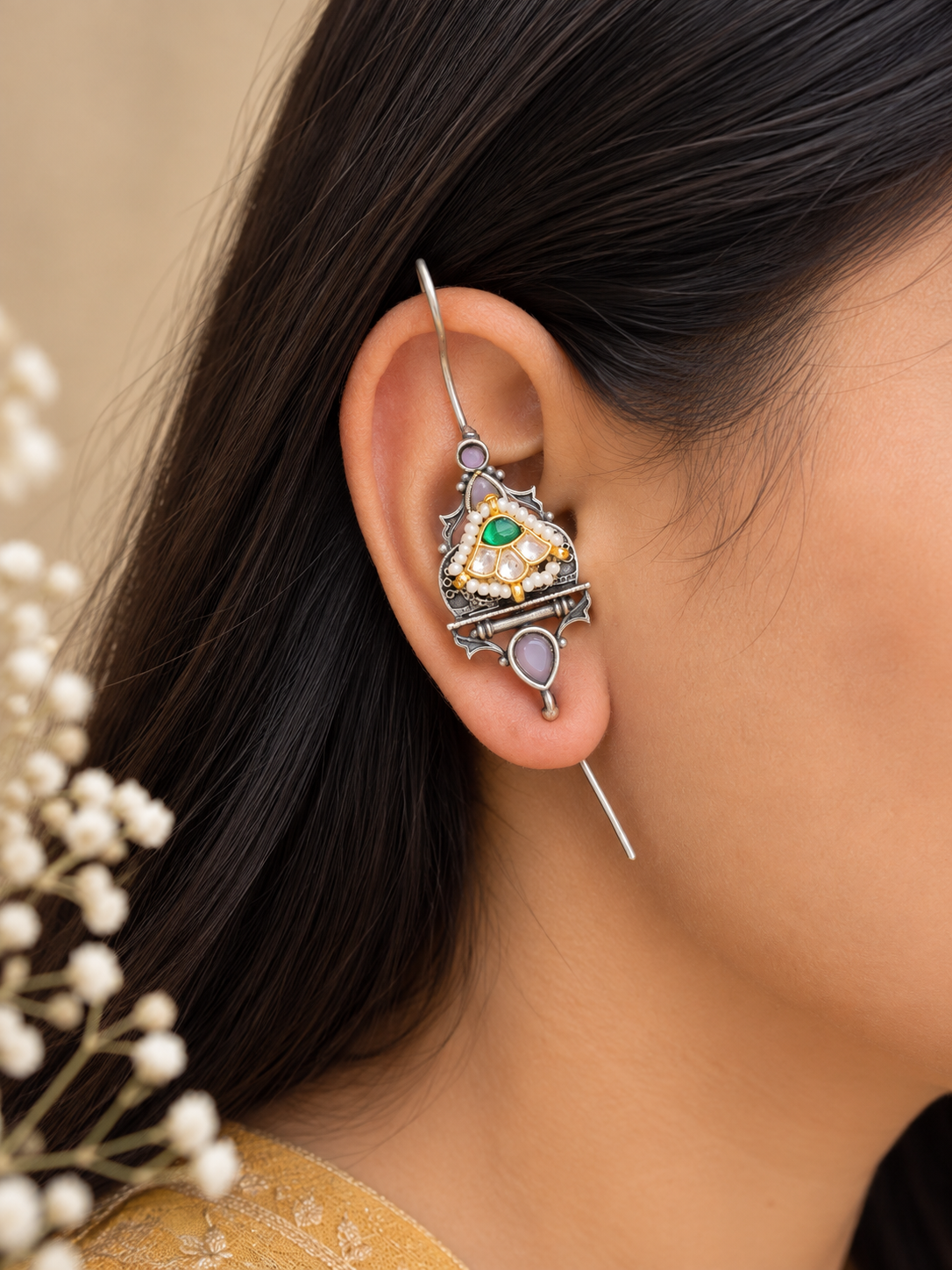 Navratna Kundan Floral Ear Cuff (Kan-Sui Ear Pin)