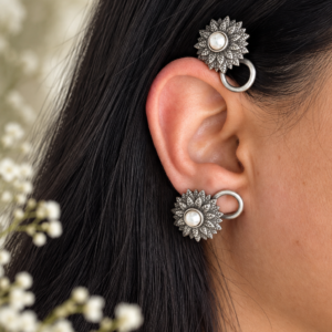 Silver Floral Ear Cuff with Pearl