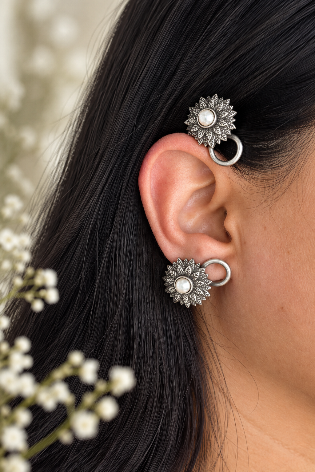 Silver Floral Ear Cuff with Pearl